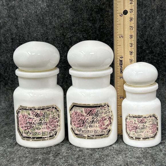 Vintage Milk Glass Belgium Apothecary Jars Bubble Top Lady Shaklee Vanity Décor